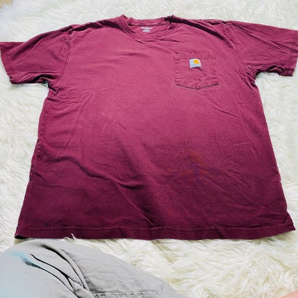 Carhartt Mens Distressed Worn TShirt Cotton Burgundy Pocket Short Sleeve Large - Picture 1 of 10
